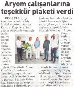 Aryom Çalışanlarına Teşekkür Plaketi Verdi