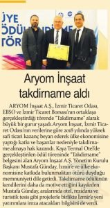 Aryom İnşaat Takdirname Aldı