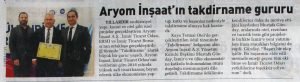Aryom İnşaat’ın Takdirname Gururu