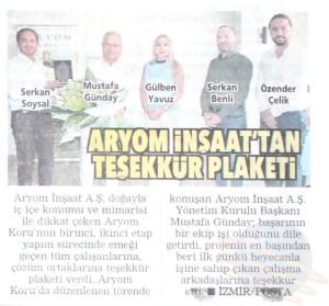 Aryom İnşaat’tan Teşekkür Plaketi